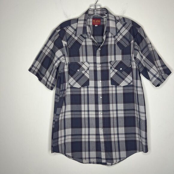 Plains Men’s Pearl Snap Western Shirt Size Medium Gray Plaid Rodeo Cowboy - Picture 1 of 7